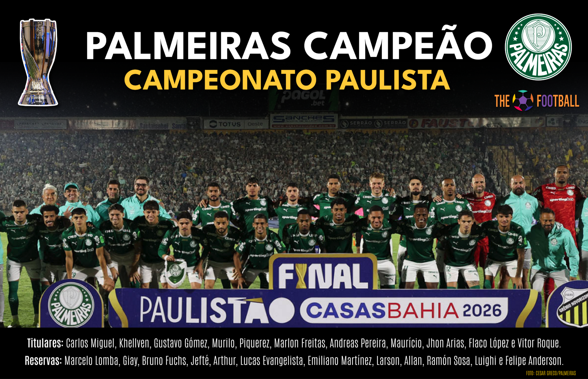 Baixe o pôster do Palmeiras campeão do Paulistão 2026! É histórico! É o ...