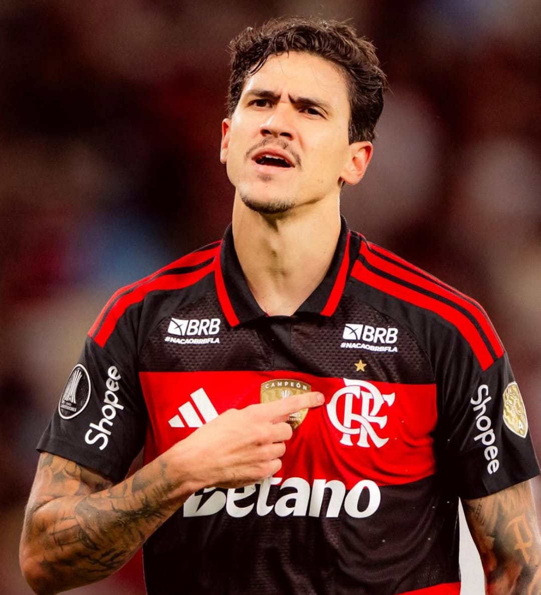 Flamengo O atacante Pedro aponta para o escudo do Flamengo na comemoração do seu gol na vitória sobre o Estudiantes