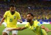 Brasil Matheus Cunha é acompanhado por Lucas Paquetá na comemoração do terceiro gol do Brasil na vitória sobre Escócia
