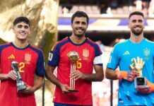 Entenda porque o Barcelona quer tanto Rodri no seu elenco: clube sobe oferta para R$ 355 milhões Espanha Pau Cubarsí, Rodri e Unai Simón exibem os prêmios de melhor jovem, melhor jogador e melhor goleiro da Copa do Mundo